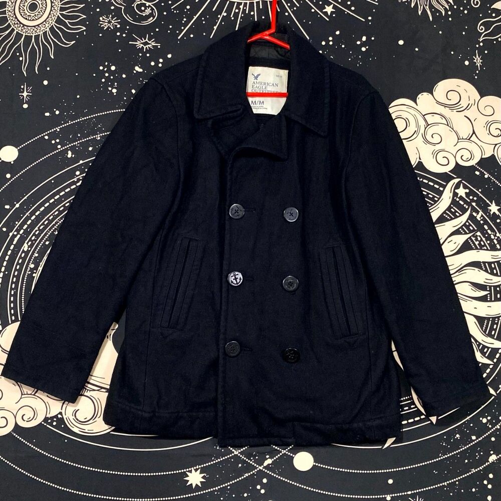 American Eagle Outfitters Coat Men's M Black Wool Pea Double-Breasted Business